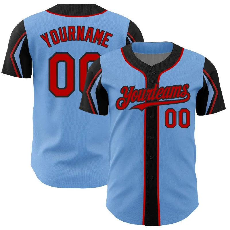 Baseball Jersey for Baseball Fan Apparel-Custom Light Blue Red-Black 3 Colors Arm Shapes Authentic Baseball Jersey