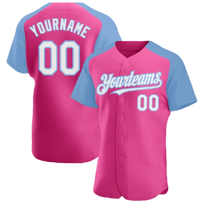 Baseball Jersey for Customizable Team Gear-Custom Pink White-Light Blue Authentic Raglan Sleeves Baseball Jersey