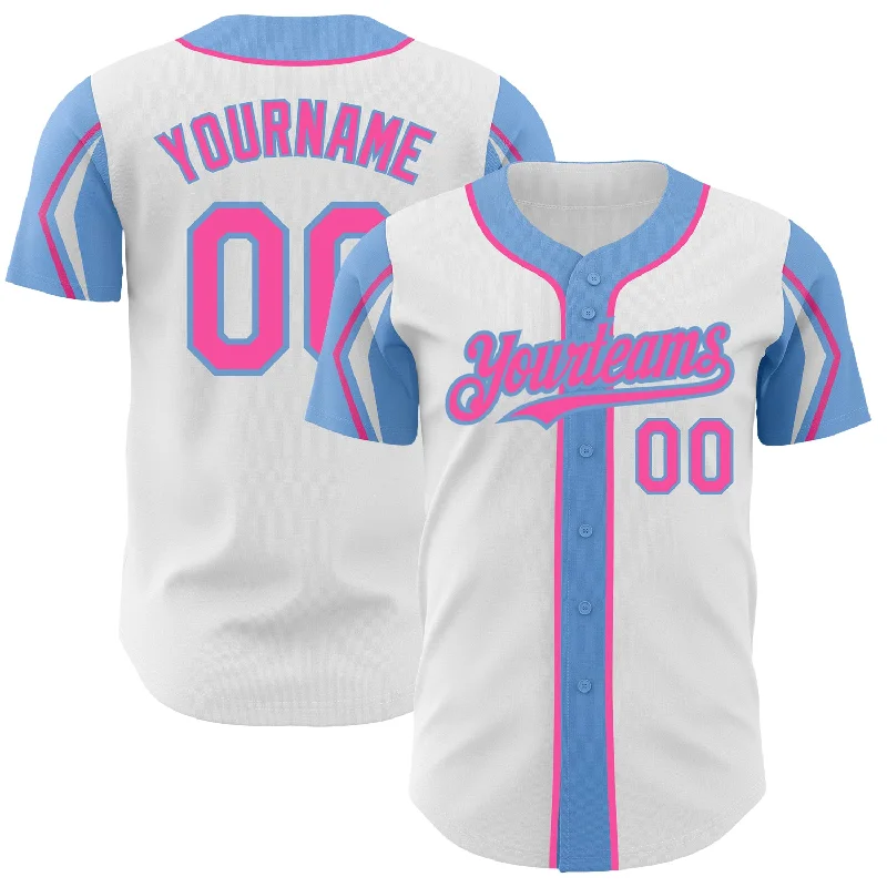 Baseball Jersey for Cool and Breathable Fit-Custom White Pink-Light Blue 3 Colors Arm Shapes Authentic Baseball Jersey