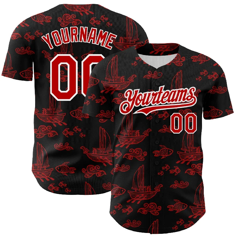 Baseball Jersey for Comfortable Player Jerseys-Custom Black Red-White 3D Pattern Design Boats And Fish Authentic Baseball Jersey