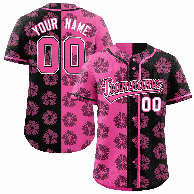 Baseball Jersey for Comfortable and Durable Wear-Custom Pink Black Split Fashion Flower Graffiti Pattern Authentic Baseball Jersey