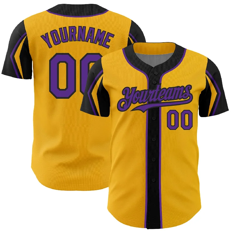 Baseball Jersey for Youth Baseball Gear-Custom Gold Purple-Black 3 Colors Arm Shapes Authentic Baseball Jersey