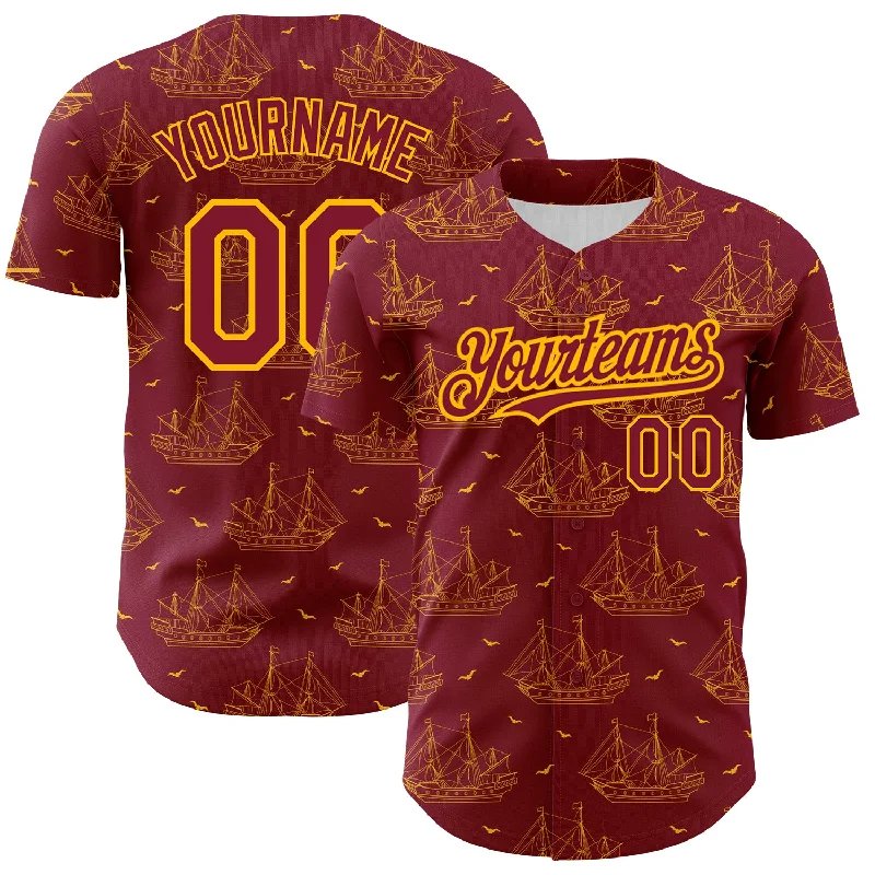 Personalized Baseball Jersey-Custom Crimson Gold 3D Pattern Design Ship Frigate With Seagulls Authentic Baseball Jersey