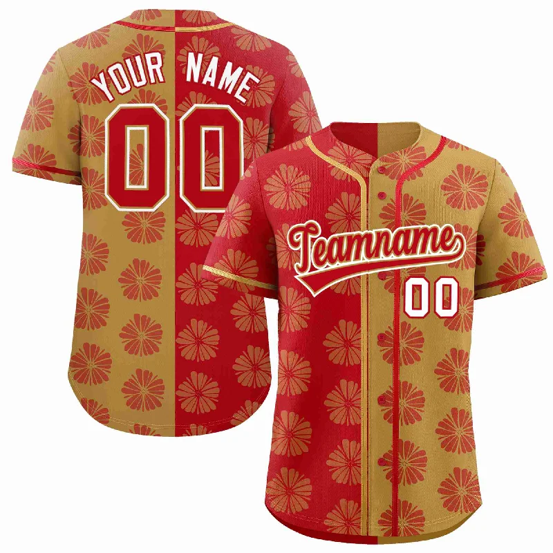 Baseball Jersey for Premium Custom Team Apparel-Custom Red Old Gold Split Fashion Flower Graffiti Pattern Authentic Baseball Jersey