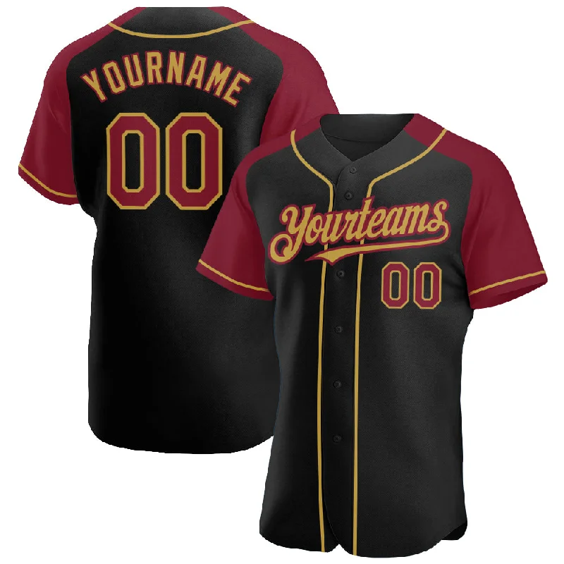 Baseball Jersey for Personalized Fan Apparel-Custom Black Crimson-Old Gold Authentic Raglan Sleeves Baseball Jersey