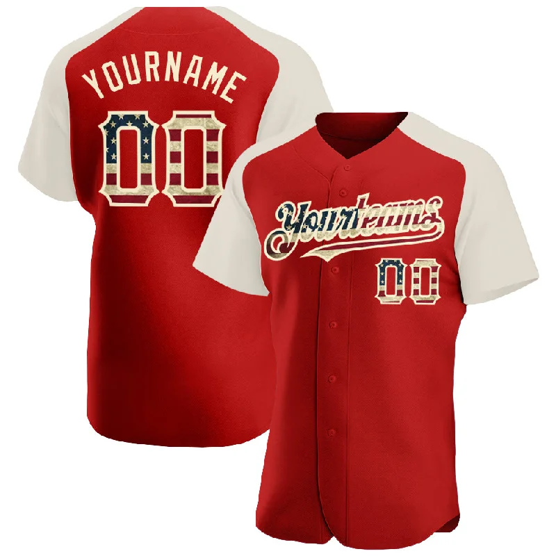 Baseball Jersey for Supportive Fan Gear-Custom Red Vintage USA Flag-Cream Authentic Raglan Sleeves Baseball Jersey