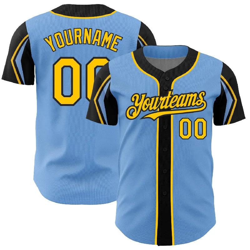 Baseball Jersey for Youth League Teams-Custom Light Blue Yellow-Black 3 Colors Arm Shapes Authentic Baseball Jersey