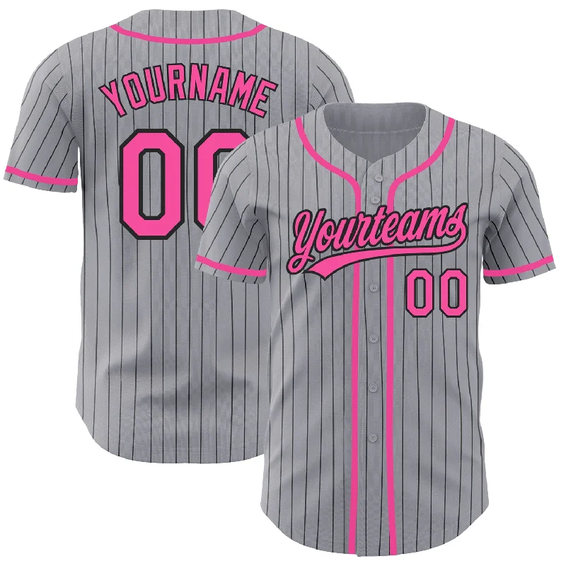 Baseball Jersey for Customizable Fanwear-Custom Gray Black Pinstripe Pink Authentic Baseball Jersey