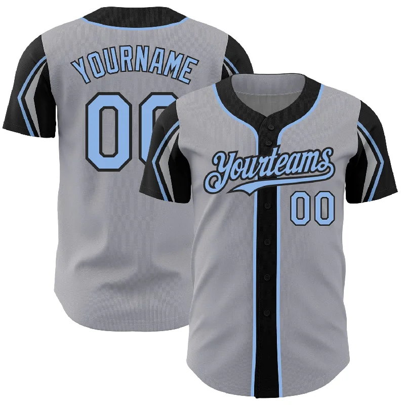 Baseball Jersey for Youth Sports Events-Custom Gray Light Blue-Black 3 Colors Arm Shapes Authentic Baseball Jersey