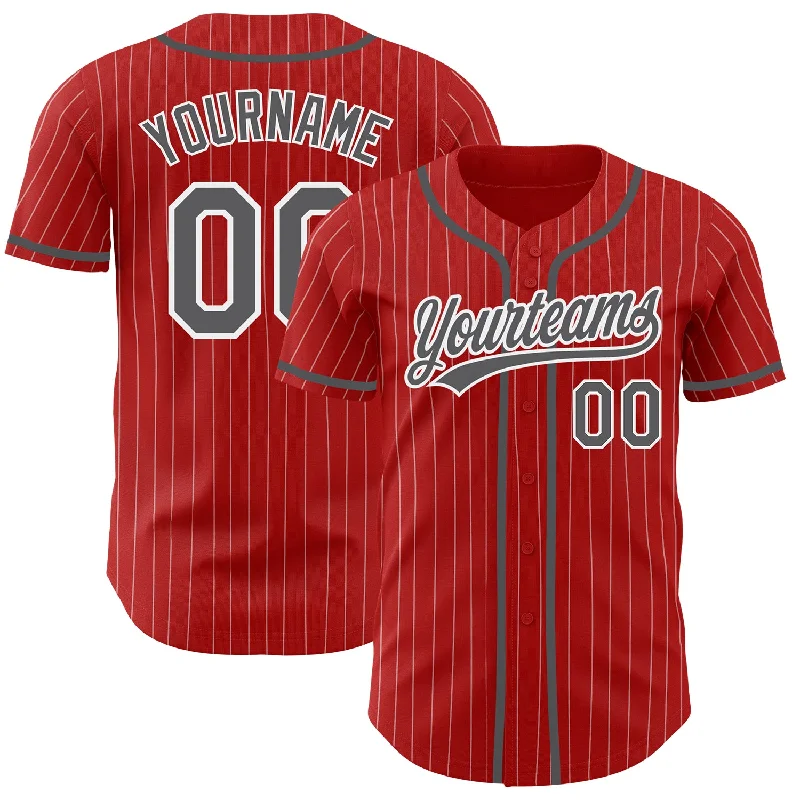 Baseball Jersey for Youth Baseball Teams-Custom Red White Pinstripe Steel Gray Authentic Baseball Jersey