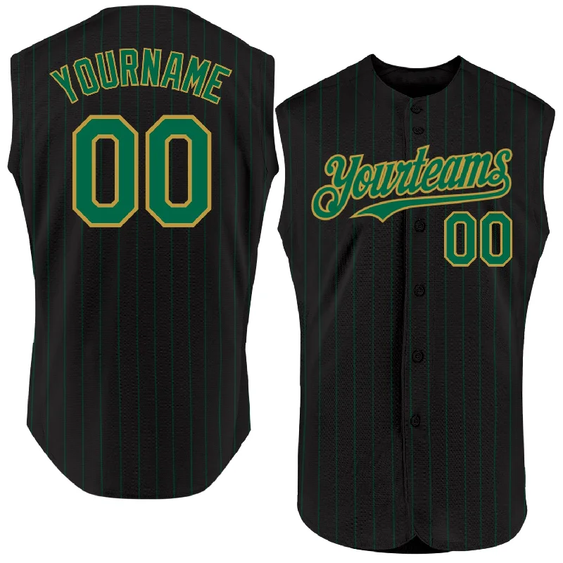 Baseball Jersey for Comfortable and Durable Wear-Custom Black Kelly Green Pinstripe Old Gold Authentic Sleeveless Baseball Jersey