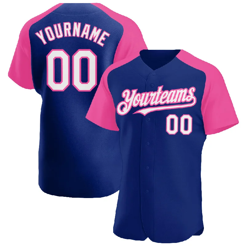 Baseball Jersey for Casual Game Day Gear-Custom Royal White-Pink Authentic Raglan Sleeves Baseball Jersey