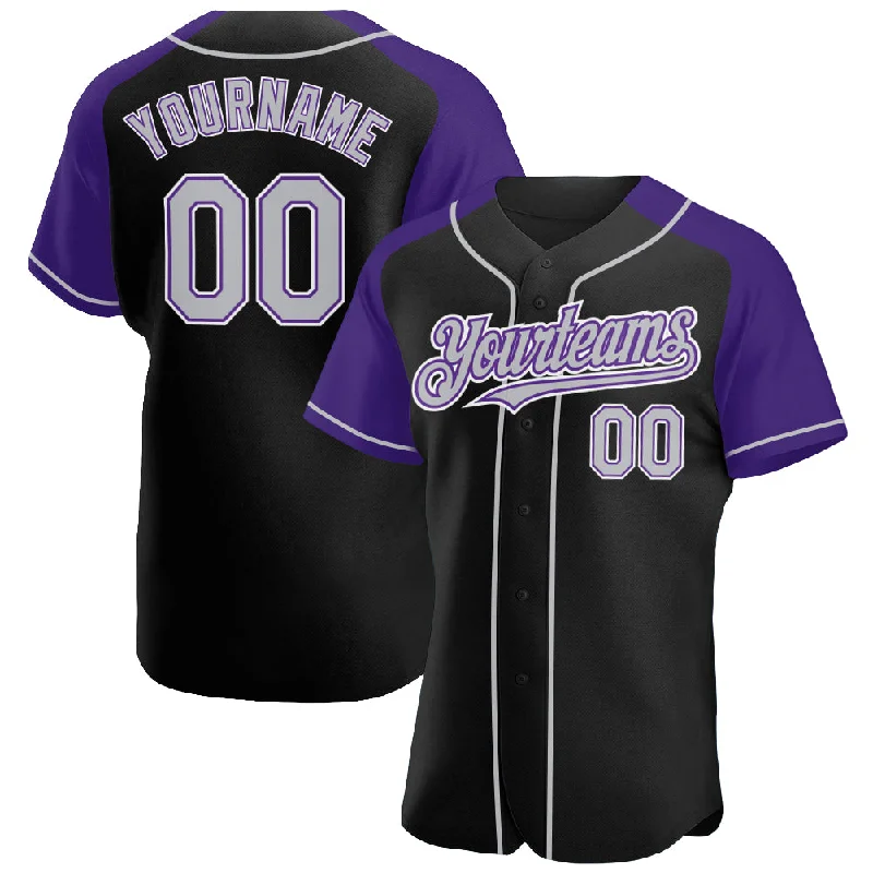 Baseball Jersey for Youth Baseball Teams-Custom Black Gray-Purple Authentic Raglan Sleeves Baseball Jersey