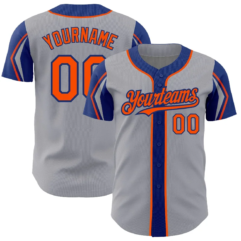 Baseball Jersey for Comfortable and Stylish Fit-Custom Gray Orange-Royal 3 Colors Arm Shapes Authentic Baseball Jersey