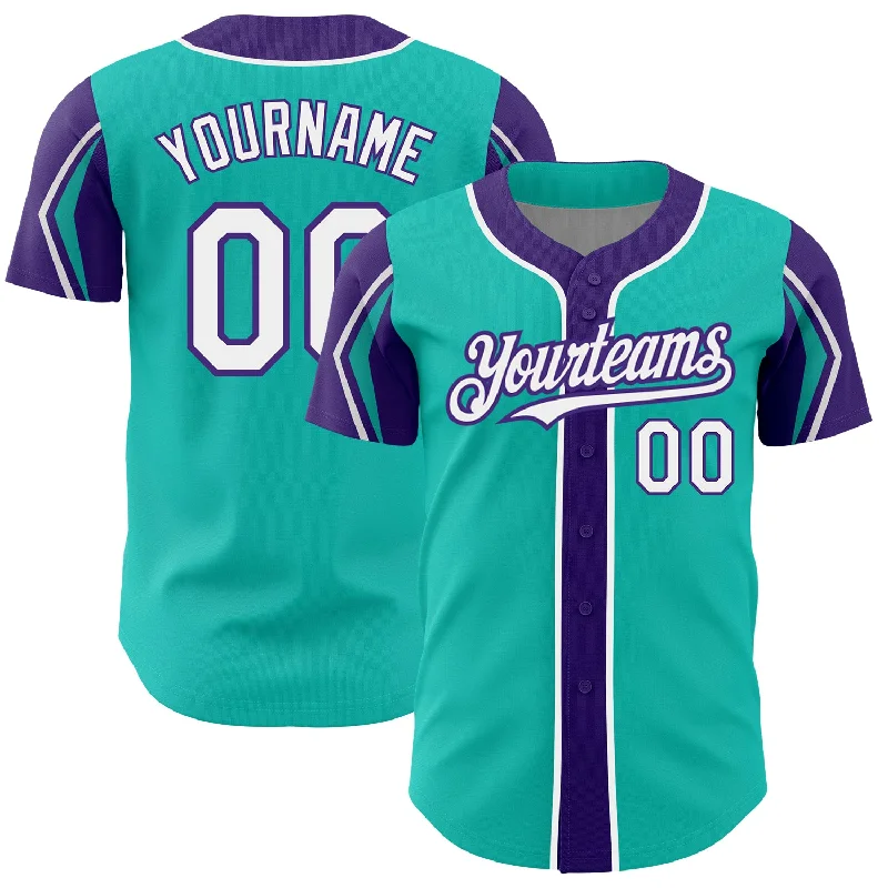 Baseball Jersey for Personalized Fan Gear-Custom Aqua White-Purple 3 Colors Arm Shapes Authentic Baseball Jersey