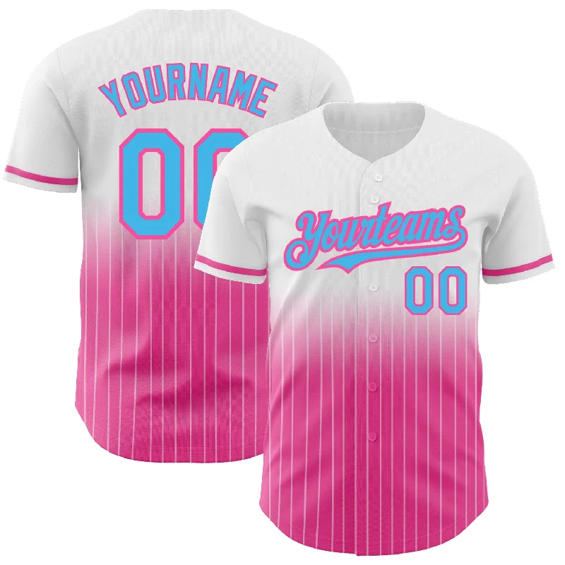 Baseball Jersey for Premium Quality-Custom White Pinstripe Sky Blue-Pink Authentic Fade Fashion Baseball Jersey