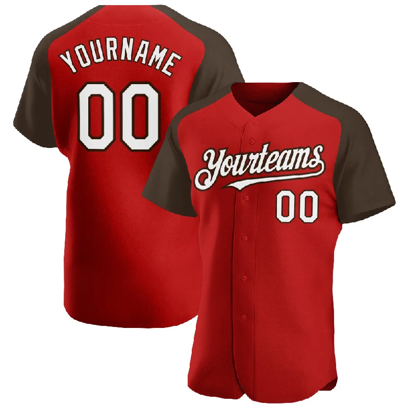 Baseball Jersey for Outdoor Play-Custom Red White-Brown Authentic Raglan Sleeves Baseball Jersey