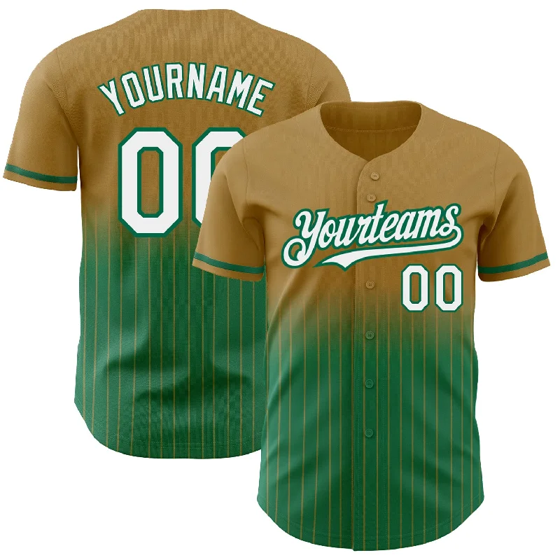 Baseball Jersey for Comfortable All-Day Wear-Custom Old Gold Pinstripe White-Kelly Green Authentic Fade Fashion Baseball Jersey