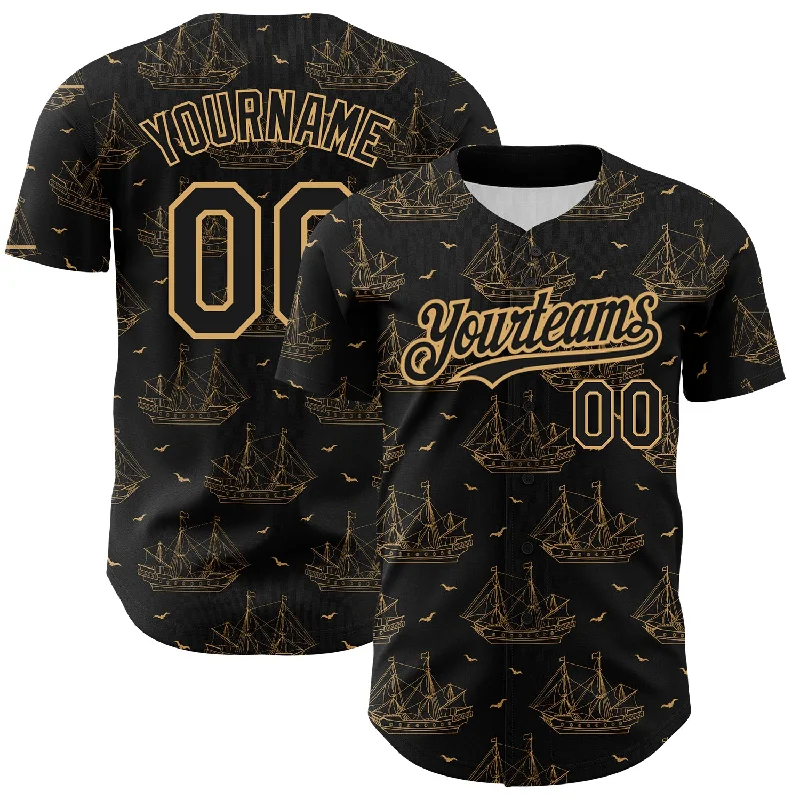 Baseball Jersey for Women-Custom Black Old Gold 3D Pattern Design Ship Frigate With Seagulls Authentic Baseball Jersey