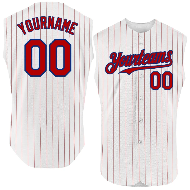 Baseball Jersey for Youth Fan Apparel-Custom White Red Pinstripe Navy Authentic Sleeveless Baseball Jersey