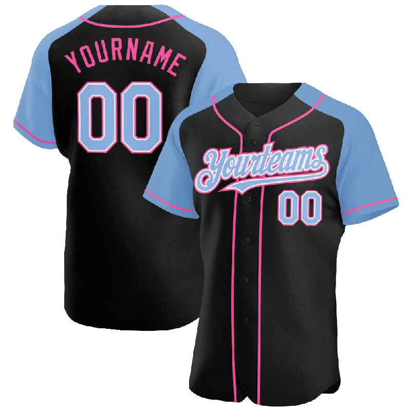 Baseball Jersey for Stylish and Fun Designs-Custom Black Light Blue-Pink Authentic Raglan Sleeves Baseball Jersey