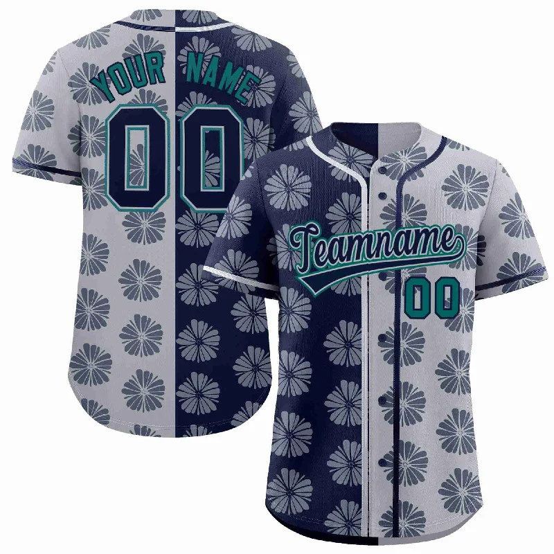 Baseball Jersey for Game Day-Custom Navy Light Gray Split Fashion Flower Graffiti Pattern Authentic Baseball Jersey