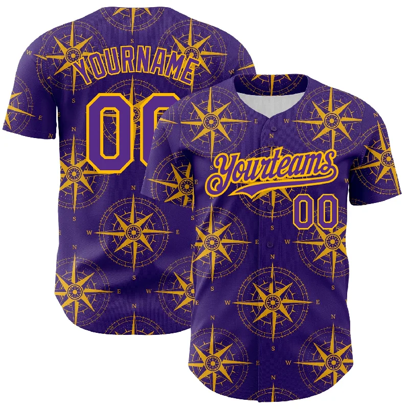 Baseball Jersey for Customizable Team Gear-Custom Purple Gold 3D Pattern Design Navigation Compass Authentic Baseball Jersey