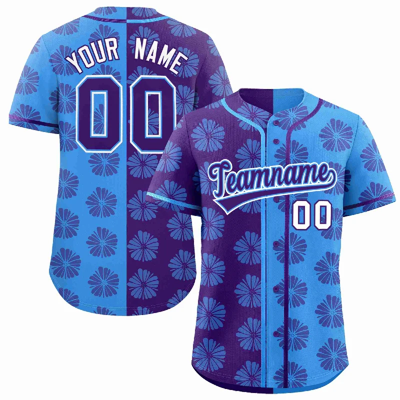 Baseball Jersey for Baseball Training Gear-Custom Purple Powder Blue Split Fashion Flower Graffiti Pattern Authentic Baseball Jersey