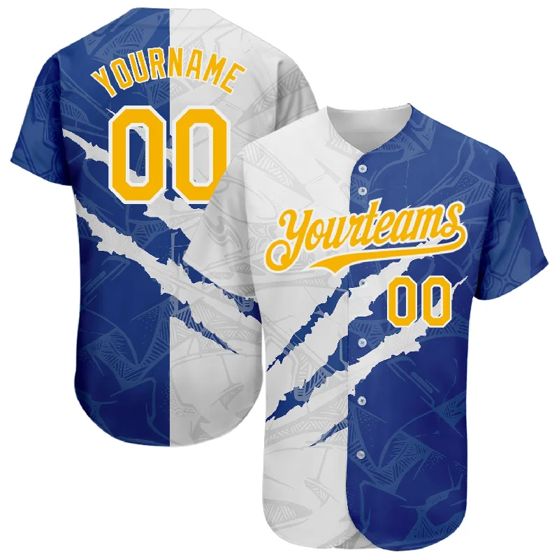 Baseball Jersey for Outdoor Play-Custom Graffiti Pattern Yellow-Royal 3D Scratch Authentic Baseball Jersey