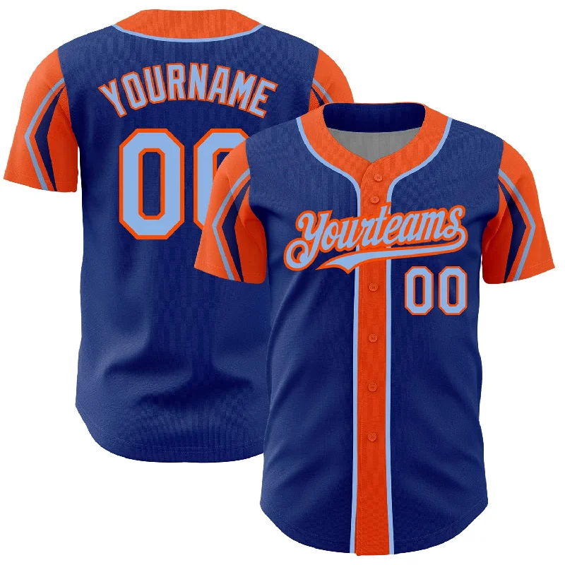 Baseball Jersey for Team Player Fit-Custom Royal Light Blue-Orange 3 Colors Arm Shapes Authentic Baseball Jersey