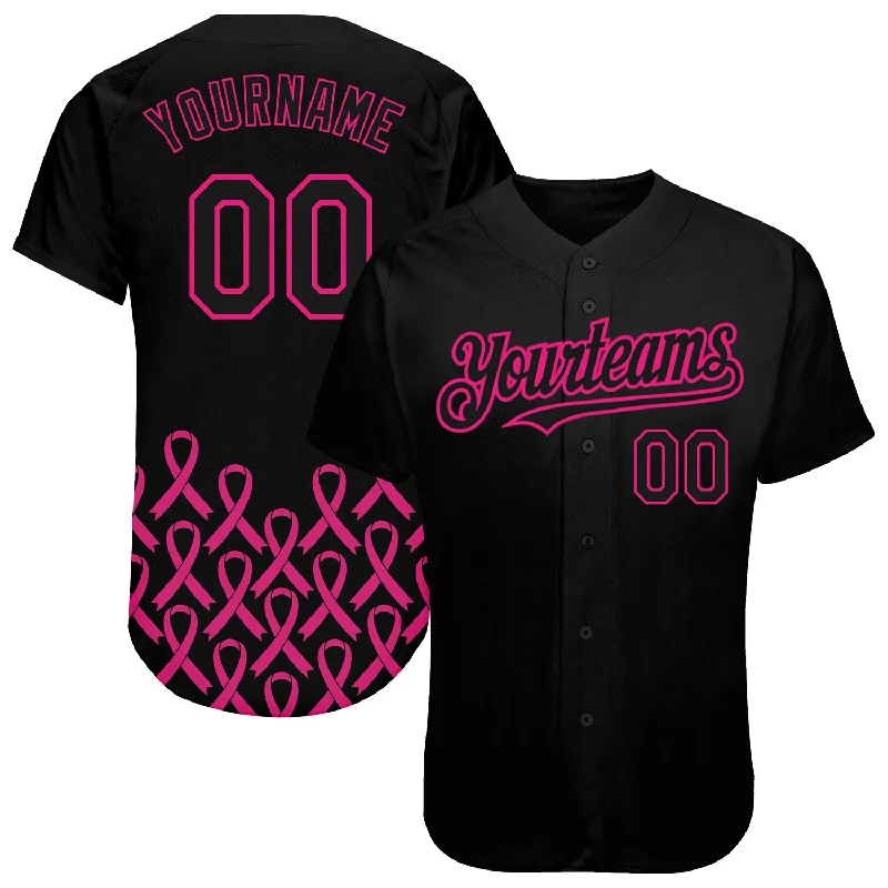 Baseball Jersey for High-Quality Cotton Designs-Custom Black Hot Pink 3D Pink Ribbon Breast Cancer Awareness Month Women Health Care Support Authentic Baseball Jersey