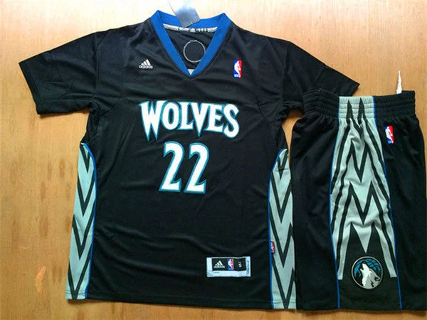 Basketball Jersey for Custom Team Logos-Timberwolves 22 Wiggins Black Short Sleeve Basketball Jersey(With Shorts)