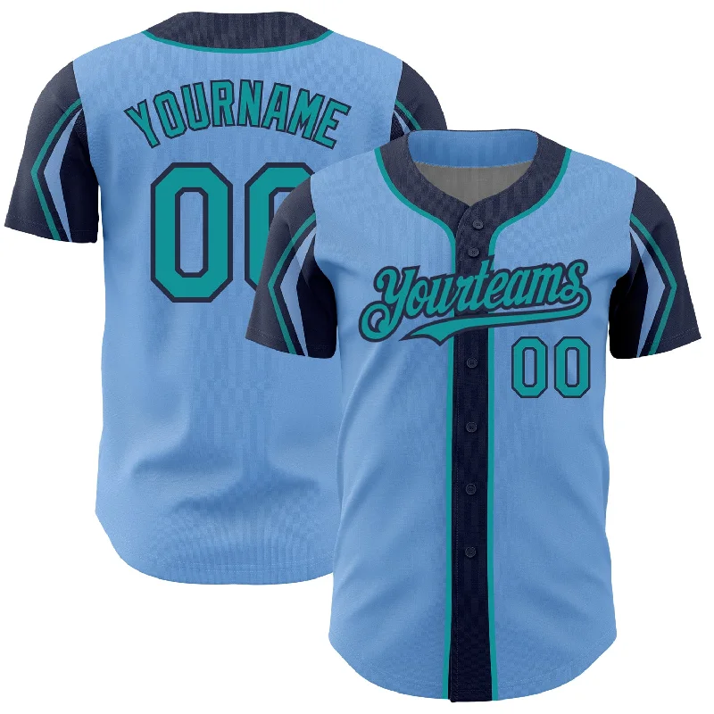 Baseball Jersey for Customizable Team Gear-Custom Light Blue Teal-Navy 3 Colors Arm Shapes Authentic Baseball Jersey