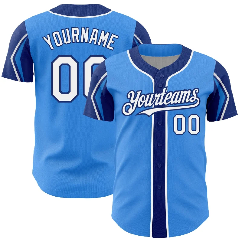 Baseball Jersey for High-Quality Cotton Designs-Custom Electric Blue White-Royal 3 Colors Arm Shapes Authentic Baseball Jersey