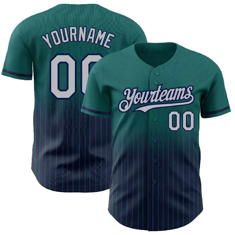 Baseball Jersey for Durable Material-Custom Teal Pinstripe Gray-Navy Authentic Fade Fashion Baseball Jersey