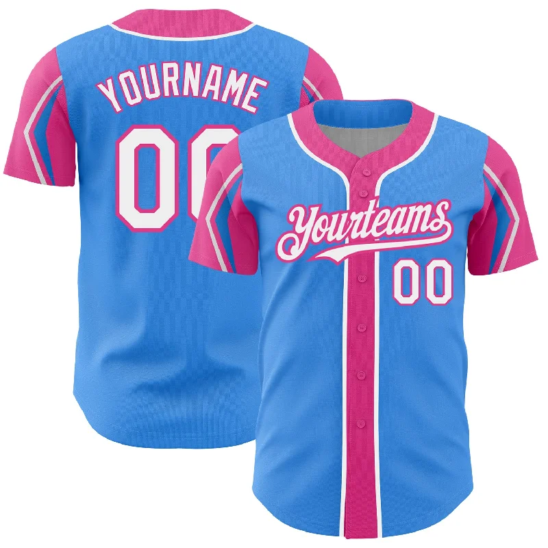 Baseball Jersey for Personalized Game Jerseys-Custom Electric Blue White-Pink 3 Colors Arm Shapes Authentic Baseball Jersey