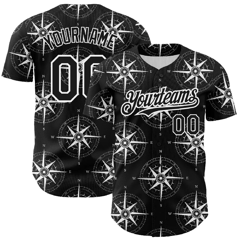 Baseball Jersey for Cool Custom Player Designs-Custom Black White 3D Pattern Design Navigation Compass Authentic Baseball Jersey