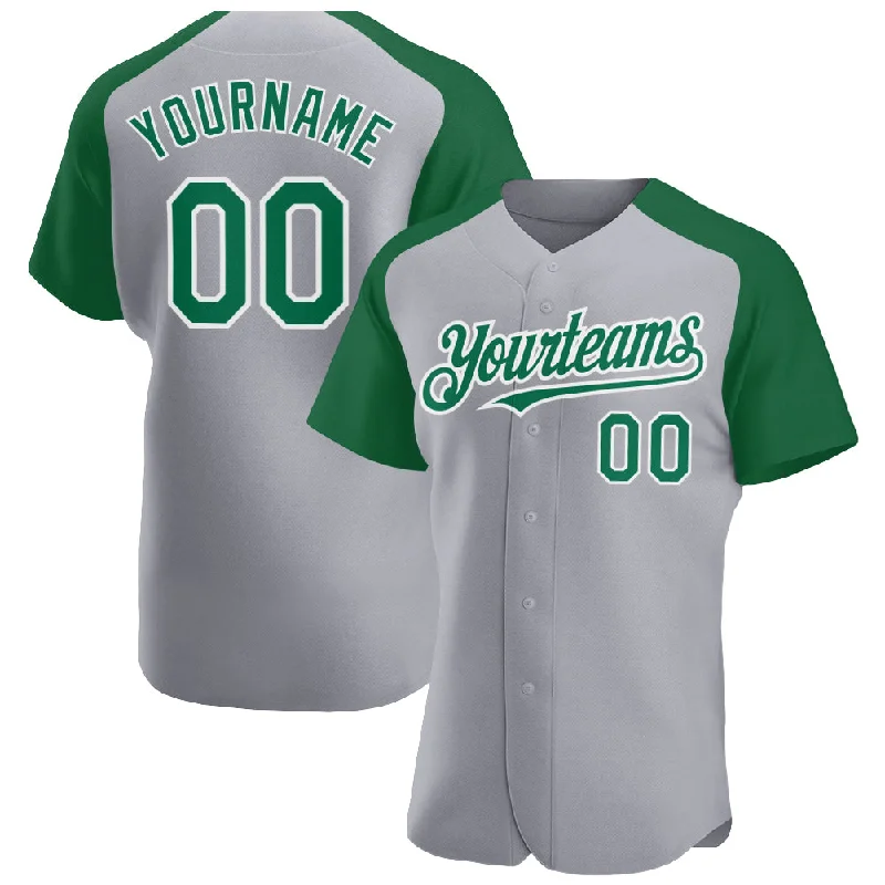 Baseball Jersey for Comfortable Team Apparel-Custom Gray Kelly Green-White Authentic Raglan Sleeves Baseball Jersey