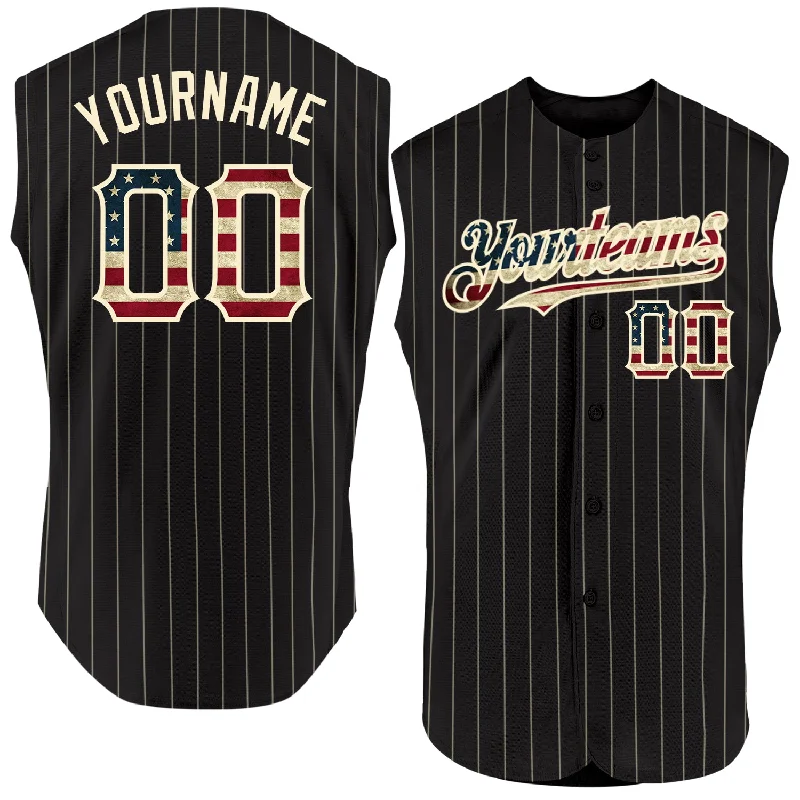 Baseball Jersey for Batting and Fielding Gear-Custom Black Cream Pinstripe Vintage USA Flag Authentic Sleeveless Baseball Jersey