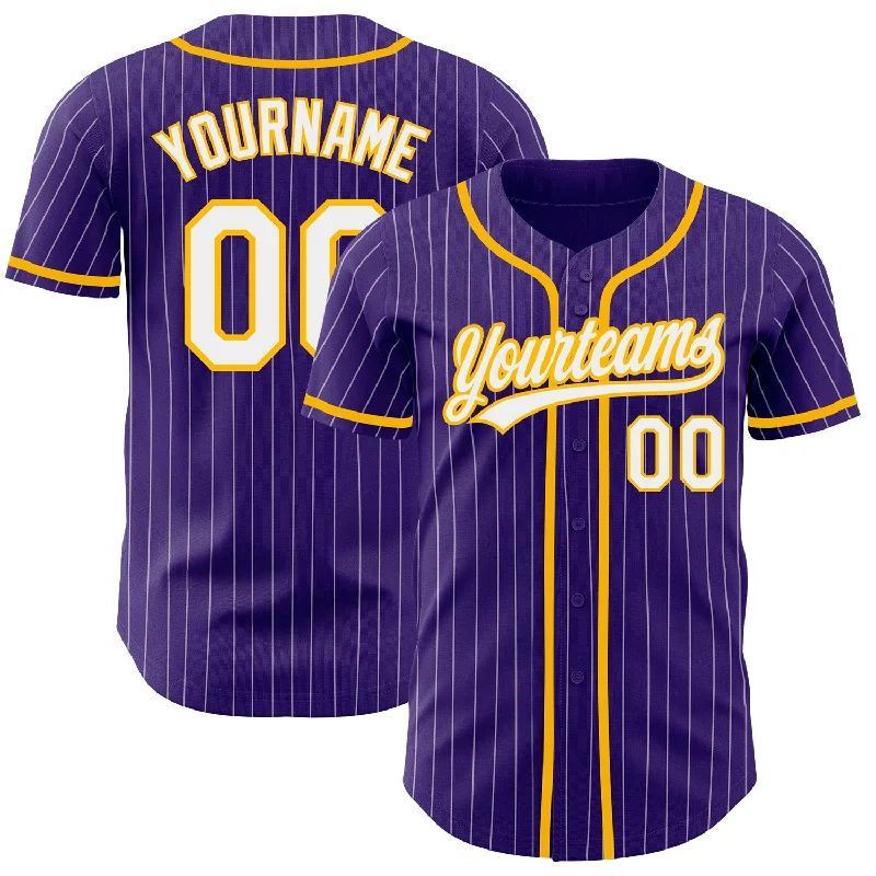 Baseball Jersey for Lightweight Comfort-Custom Purple White Pinstripe Gold Authentic Baseball Jersey