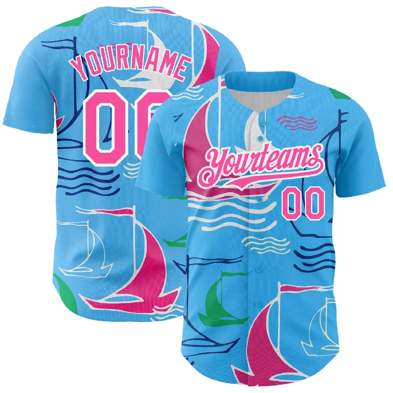 Baseball Jersey for Youth Baseball Players-Custom Sky Blue Pink-White 3D Pattern Design Sailing Boats Authentic Baseball Jersey