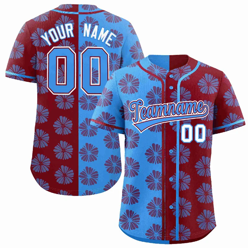 Baseball Jersey for Major League Fans-Custom Powder Blue Crimson Split Fashion Flower Graffiti Pattern Authentic Baseball Jersey