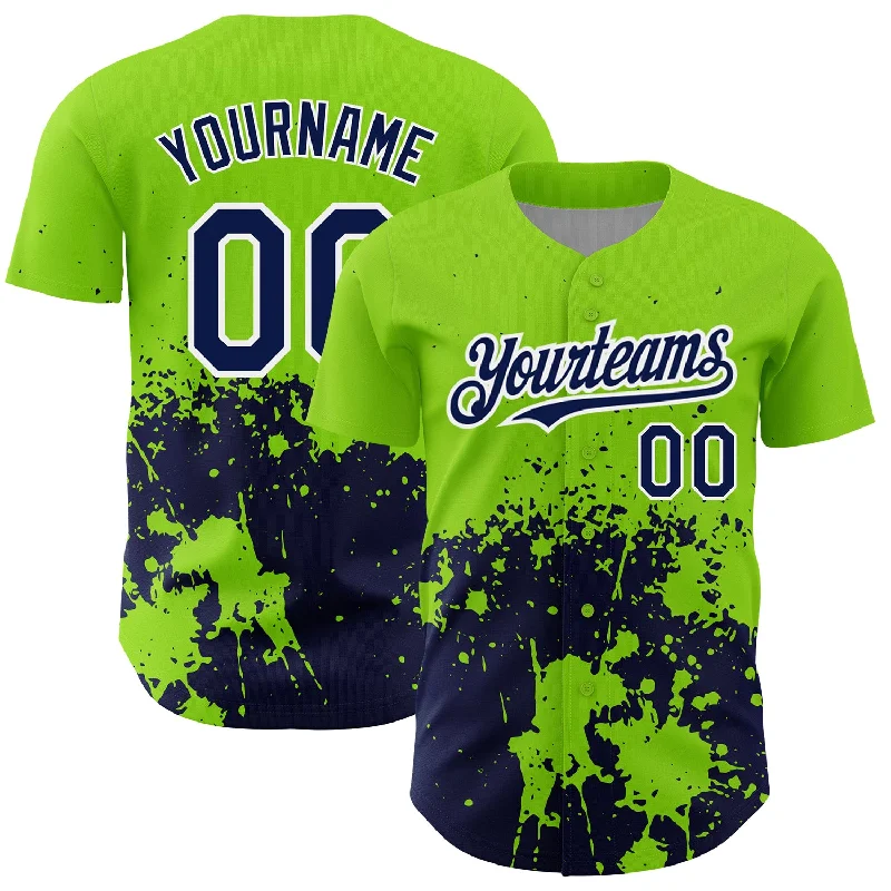 Baseball Jersey for Custom Designs and Graphics-Custom Neon Green Navy-White 3D Pattern Design Abstract Splash Grunge Art Authentic Baseball Jersey