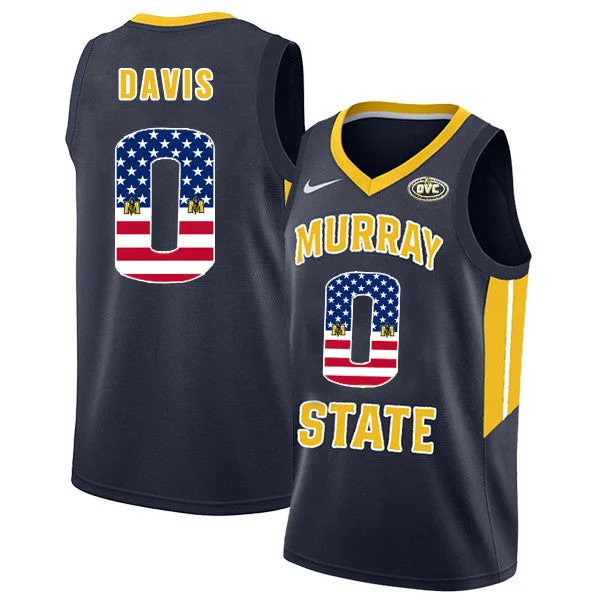 Basketball Jersey for School and College Teams-Murray State Racers 0 Mike Davis Navy USA Flag College Basketball Basketball Jersey