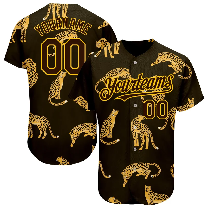 Baseball Jersey for Personalized Numbering and Names-Custom Brown Yellow 3D Pattern Design Leopard Authentic Baseball Jersey