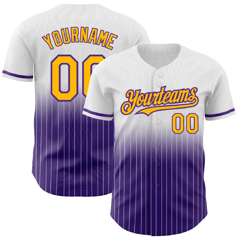 Baseball Jersey for Team Player Fit-Custom White Pinstripe Gold-Purple Authentic Fade Fashion Baseball Jersey