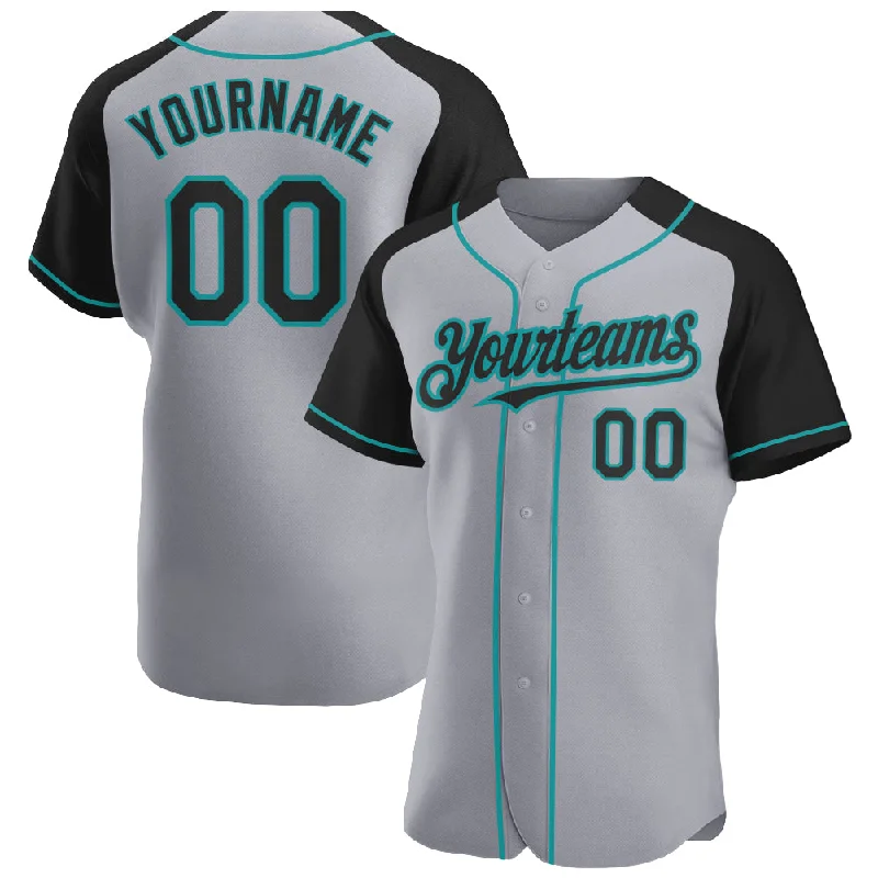 Baseball Jersey for Youth Team Spirit-Custom Gray Black-Teal Authentic Raglan Sleeves Baseball Jersey