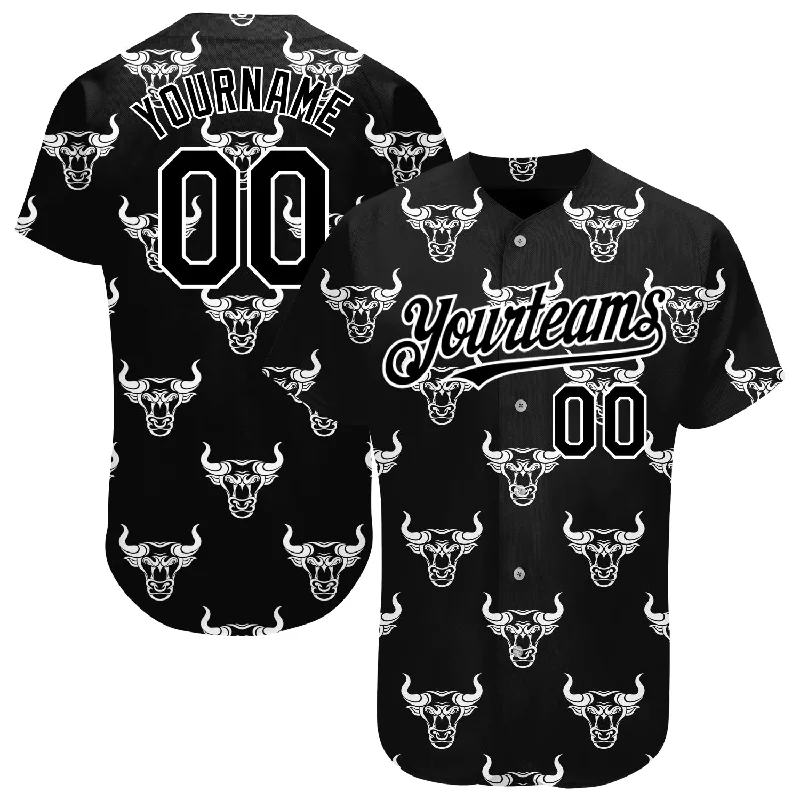 Baseball Jersey for Personalized Fan Apparel-Custom Black White 3D Pattern Design Ox Authentic Baseball Jersey