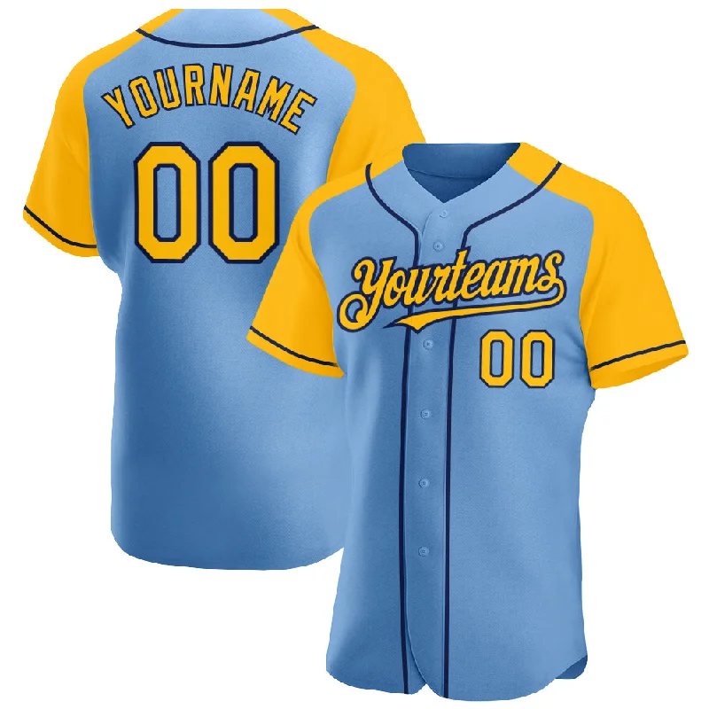 Baseball Jersey for School Spirit-Custom Light Blue Gold-Navy Authentic Raglan Sleeves Baseball Jersey