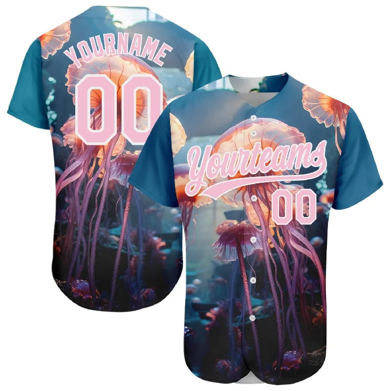 Baseball Jersey for Lightweight Game Wear-Custom Navy Light Pink-White 3D Pattern Design Jellyfish Floating In The Ocean Authentic Baseball Jersey